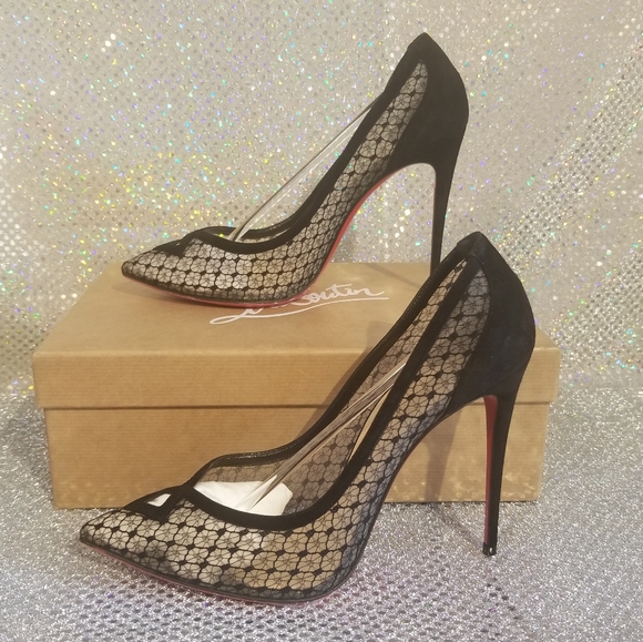 Louboutin Black Lace and Suede Neoalto 100mm Dentelle Resille Complete Set - Picture 3 of 14